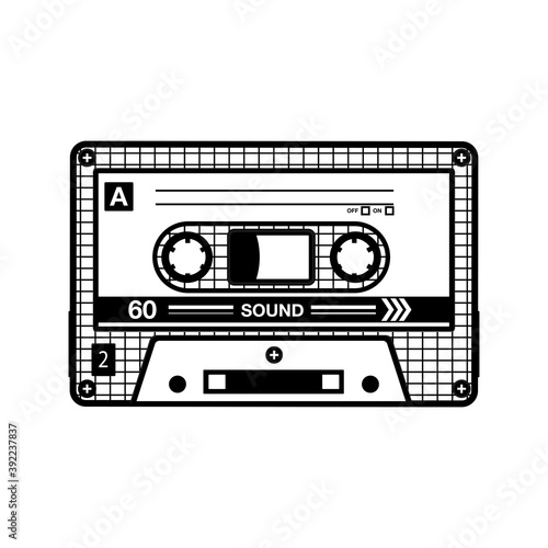 Audio cassette vector illustration. Skeleton riding skateboard, character with spray button head. Street art concept for emblems or tattoo templates