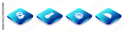 Set Isometric line Thermometer and cloud, sun, Meteorology thermometer, UV protection and Rainbow icon. Vector.