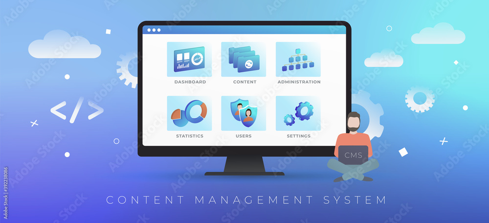 CMS - Content management system concept. Web site management software, edit and change design, administration, statistics, user and configuration settings, create and publish arcticles, place widgets