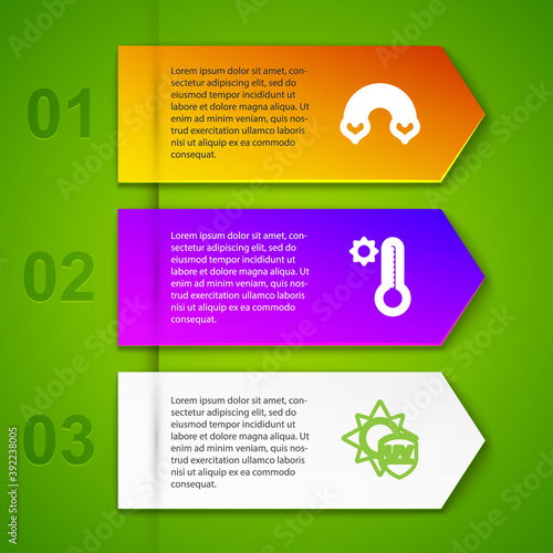 Set line Rainbow with heart, Meteorology thermometer, UV protection and Thermometer and cloud, sun. Business infographic template. Vector.