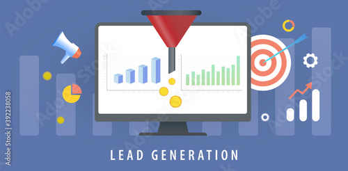 Lead Generation with sales funnel concept for generating new business leads. Target Audience to increase revenue growth and online sales optimization. Increasing conversion rates marketing strategy. 