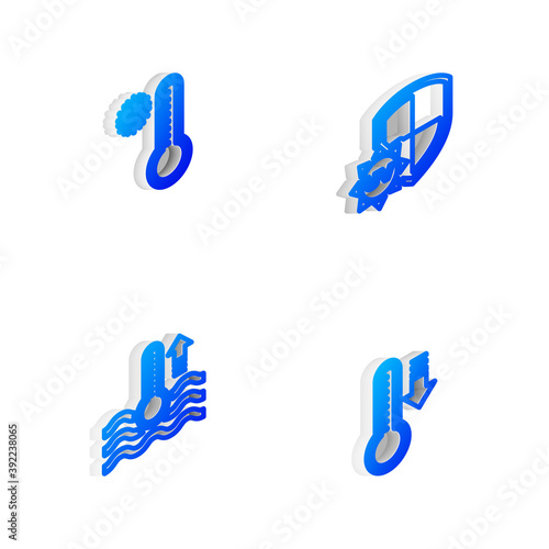 Set Isometric line UV protection, Meteorology thermometer, Water and icon. Vector.
