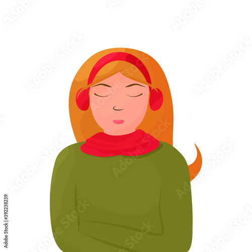 Pensive girl with closed eyes in headphones. Arms crossed on the chest. Vector