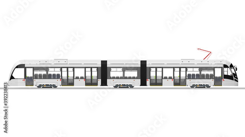 City tram 3D rendering isolated on white background. Side view.