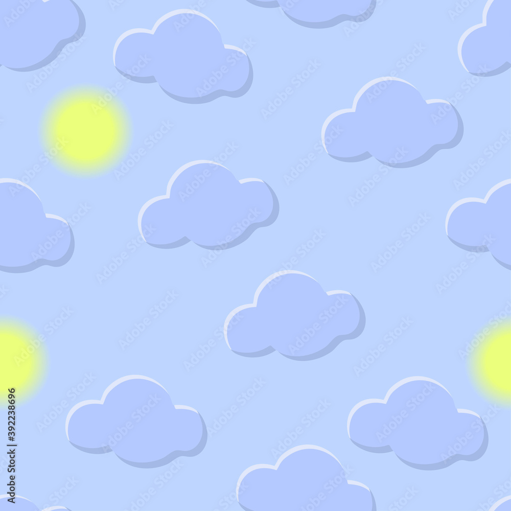 Seamless pattern. Clouds in flat style, sun. Vector. For wrapping paper, cards, wallpaper, children's illustration.