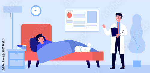 Doctor visiting patient with broken leg. Upset man with plaster on ankle in hospital room flat vector illustration. Trauma, healthcare, therapy concept for banner, website design or landing web page