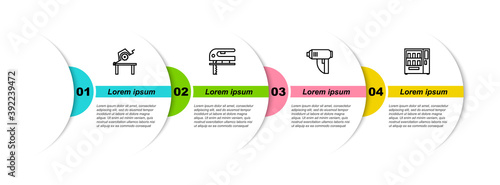 Set line Table saw for woodwork, Electric jigsaw, industrial dryer and Vending machine. Business infographic template. Vector.