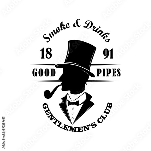 Gentlemens club vintage emblem vector illustration. Silhouette of man in smoking and top hat with pipe and text. Shop, bar or pub concept for emblems or badges templates