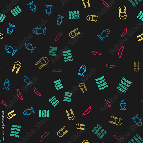 Set line Fish, Carnival garland with flags, Braid and Homemade pie on seamless pattern. Vector.