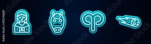 Set line Astrology woman, Horse zodiac, Aries and Comet falling down fast. Glowing neon icon. Vector.