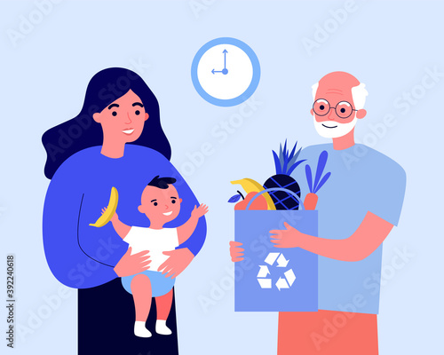 Grandpa giving bag of fruit to new mom and baby. Healthy food, organic product flat vector illustration. Family, parents, parenthood concept for banner, website design or landing web page