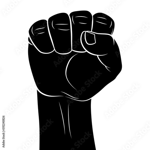 Raised Hand Clenched into Fist Symbolizing Power or Strength of Unity. Outline Concept of Power, Leadership, or Superiority on White Background