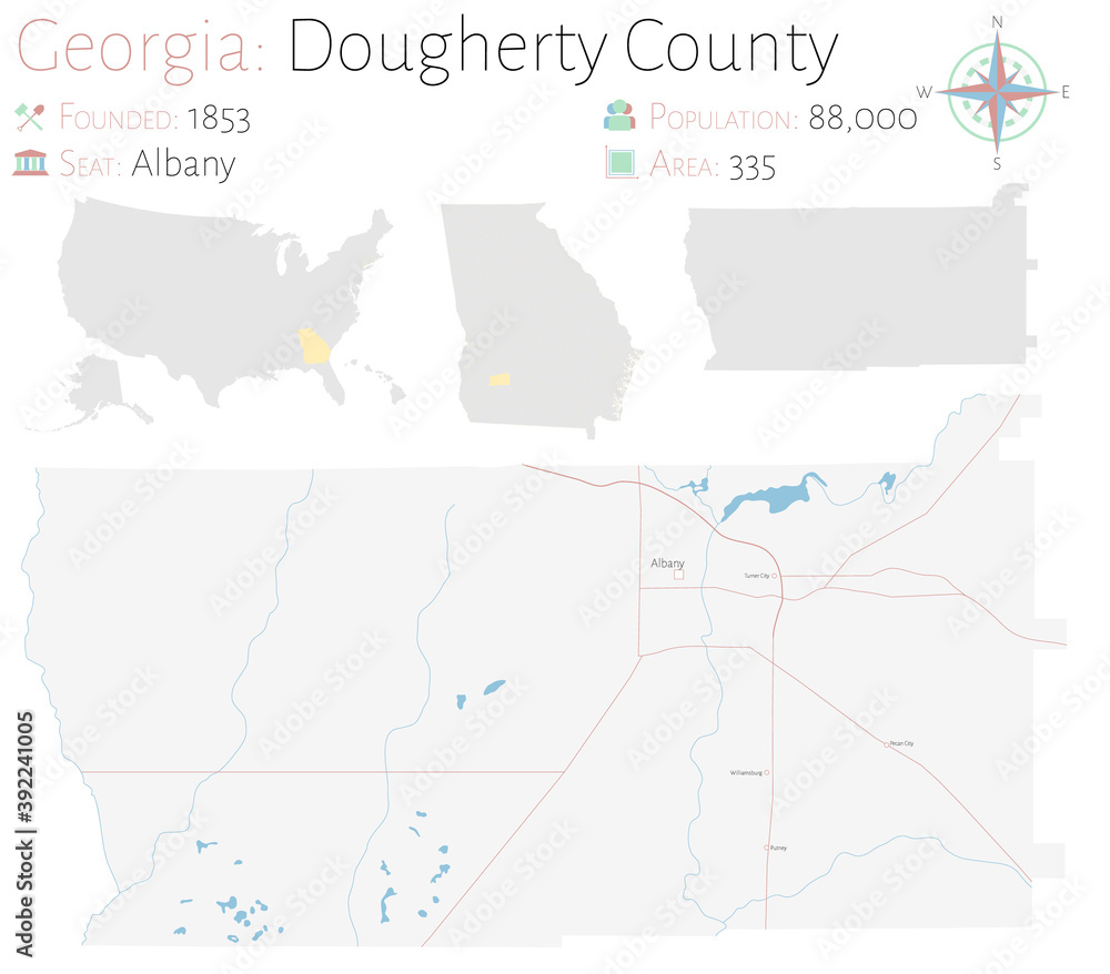 Large and detailed map of Dougherty county in Georgia, USA.