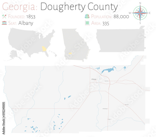 Large and detailed map of Dougherty county in Georgia, USA.