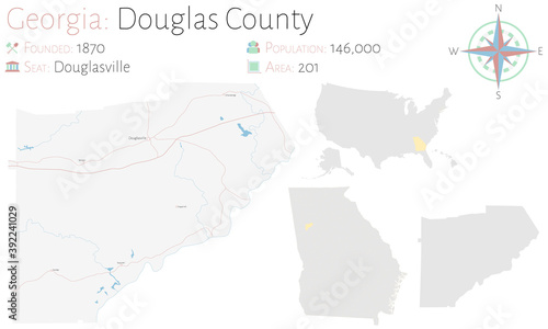 Large and detailed map of Douglas county in Georgia, USA.