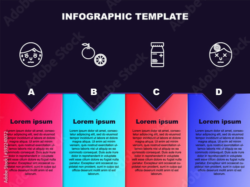 Set line Man with excessive sweating, Orange fruit, Medicine bottle and pills and having headache. Business infographic template. Vector.