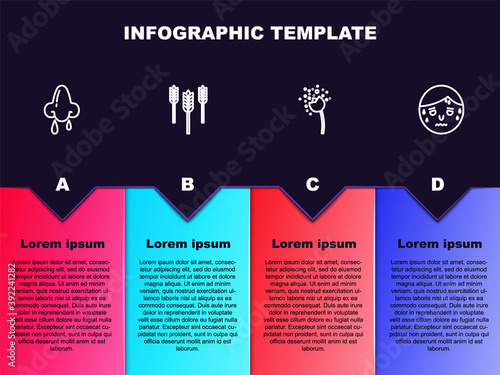 Set line Runny nose, Wheat, Flower producing pollen and Man with excessive sweating. Business infographic template. Vector.