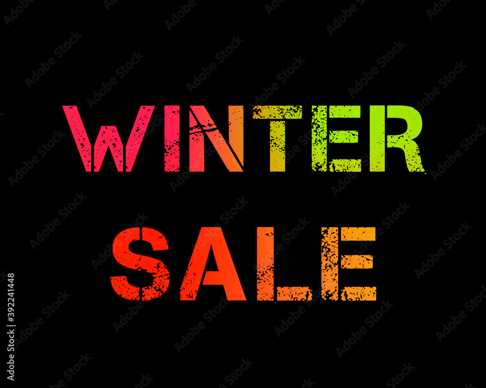 Winter sale colored rainbow letters. Winter sale black background. Orange green colors. Winter sale colored rainbow letters. Winter sale black background. Orange green colors.