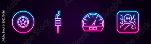 Set line Car brake disk, muffler, Speedometer and Gear shifter. Glowing neon icon. Vector.