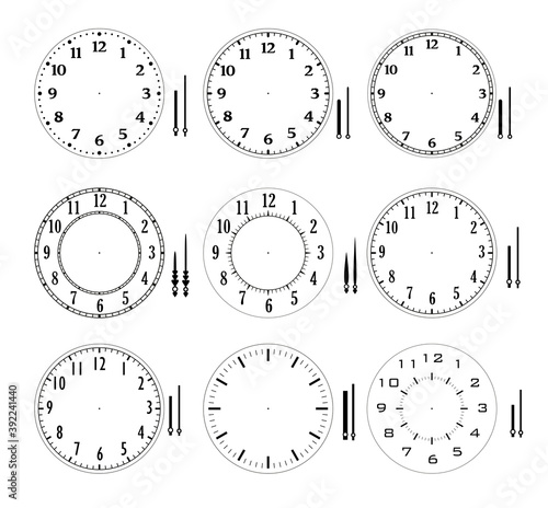 Set of dial and separated clock hands. Classic and modern clock faces collection. Vector illustration