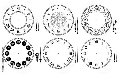 Set of dial and separated clock hands. Classical clock faces with Roman numerals collection. Vector illustration
