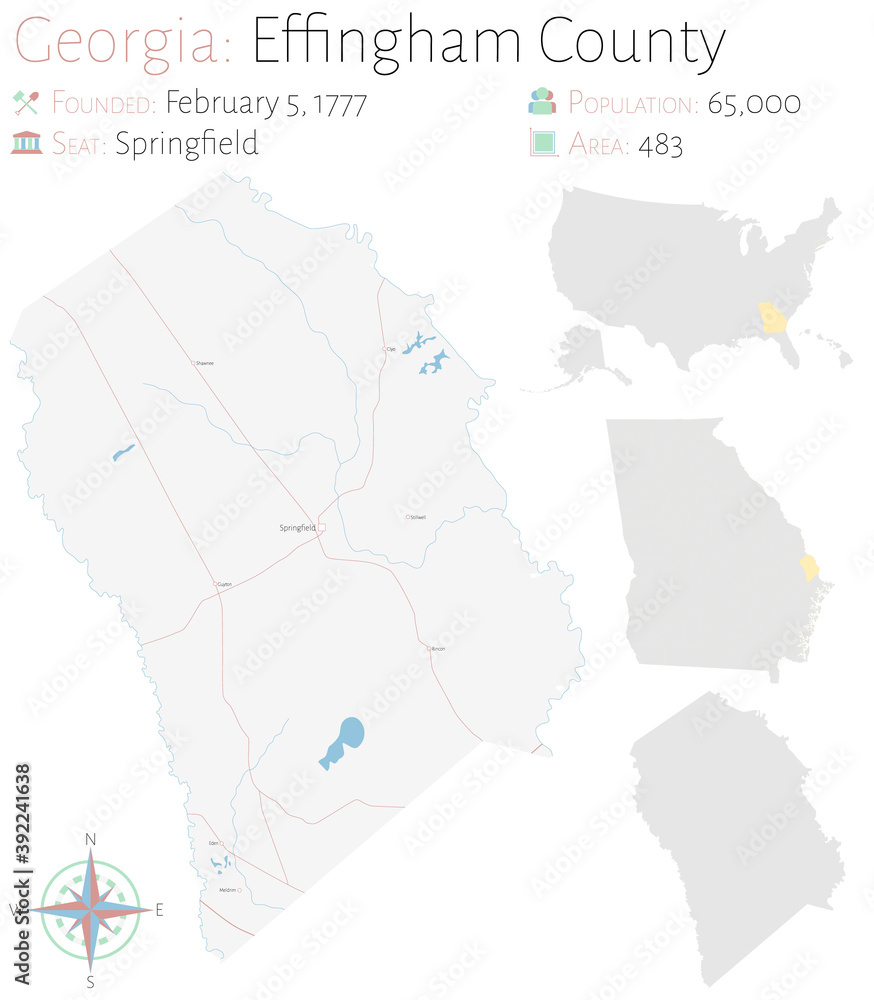 Large and detailed map of Effingham county in Georgia, USA.
