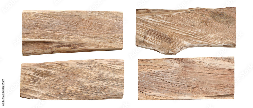 Wooden signboard. Wood texture. Natural board isolated on white background. Empty wooden material. Set of sign plank. Patterned organic board. Eco shape and texture.