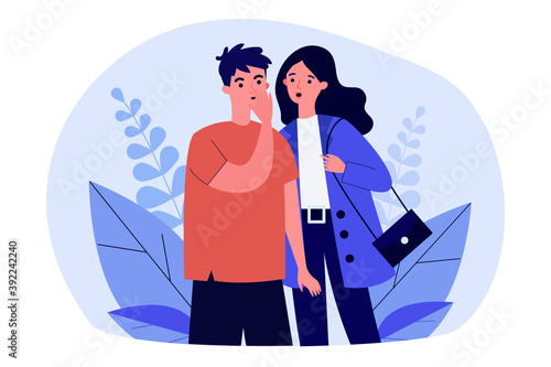 Excited couple sharing gossips. Whispering man and woman flat vector illustration. Secret, rumor, communication concept for banner, website design or landing web page