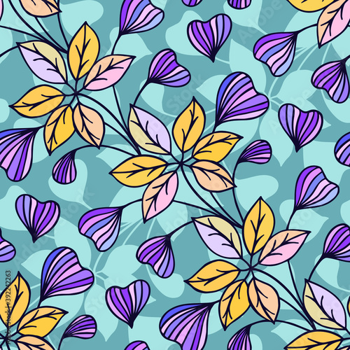botanical seamless pattern of plants and flowers for fabric, paper. Vector stock illustration eps10. 