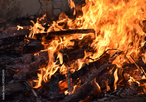 Burning wood in fireplace, tongue of flame and hot coals, Background of smoldering wood and flame in a fireplace close up