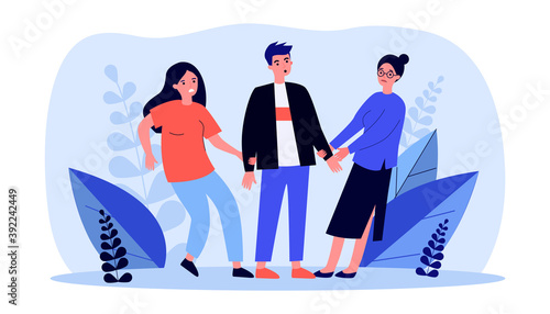 Girls struggling for guy. Two women pulling hands of one man flat vector illustration. Jealousy, love, competition concept for banner, website design or landing web page