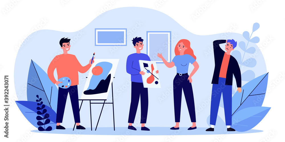 Art school students painting in studio. Drawing teacher, artwork with easel, pictures flat vector illustration. Art classes, hobby, workshop concept for banner, website design or landing web page