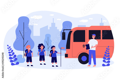Kids gathering at bus to scouts camp. School children in uniform with teacher flat vector illustration. School activity, travel concept for banner, website design or landing web page