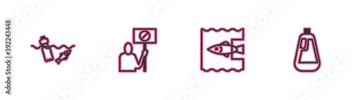 Set line Problem pollution of the ocean, Stop plastic, Nature saving protest and Bottle for dishwashing liquid icon. Vector.