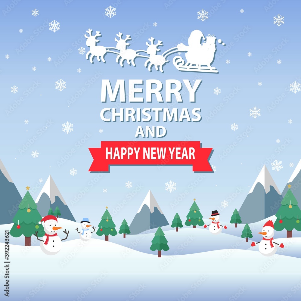 Merry Christmas and happy new year, vector Illustration background.  include Snow man wearing Hat scarf and winter glove, santa, deer, tree, snow, etc. good for banner, card, book, gift, and happiness