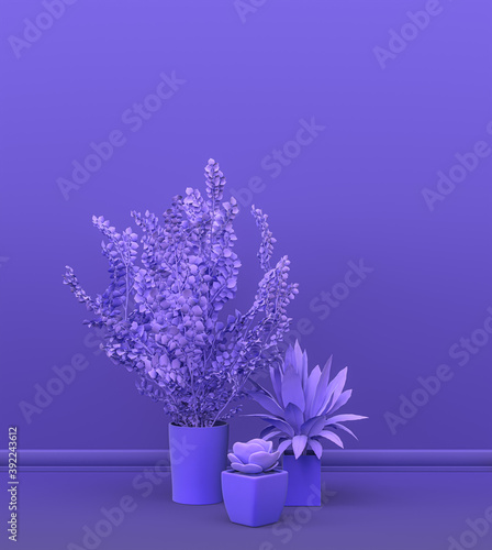 group of plants and flowers in plain single color purple  magenta empty interior room for copy space and poster frame backgrounds. 3D rendering