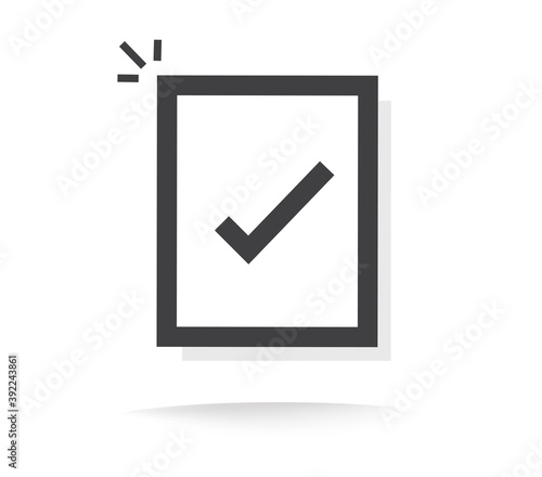Vote check mark tick on approved document icon line outline art vector symbol, idea of success agreement paper sheet, test or exam survey verification, accepted pictogram black and white, confirmation