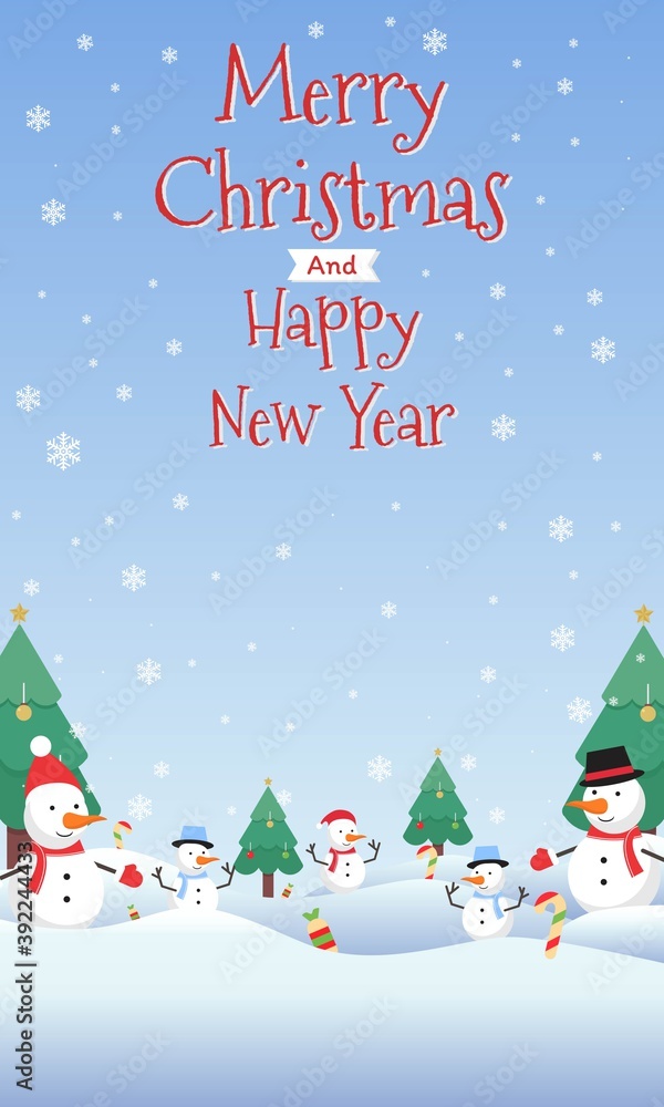Merry Christmas and happy new year, vector Illustration background.  include Snow man wearing Hat scarf and winter glove, tree, snow, etc. good for banner, card, book, gift, and happiness
