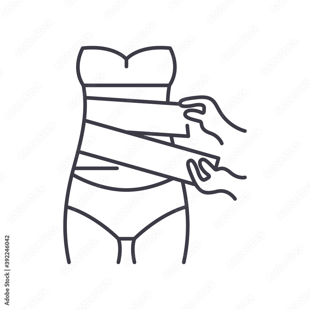Body wrapping icon, linear isolated illustration, thin line vector, web design sign, outline concept symbol with editable stroke on white background. Body wrapping icon, linear isolated illustration, thin line vector, web design sign, outline concept symbol with editable stroke on white background.