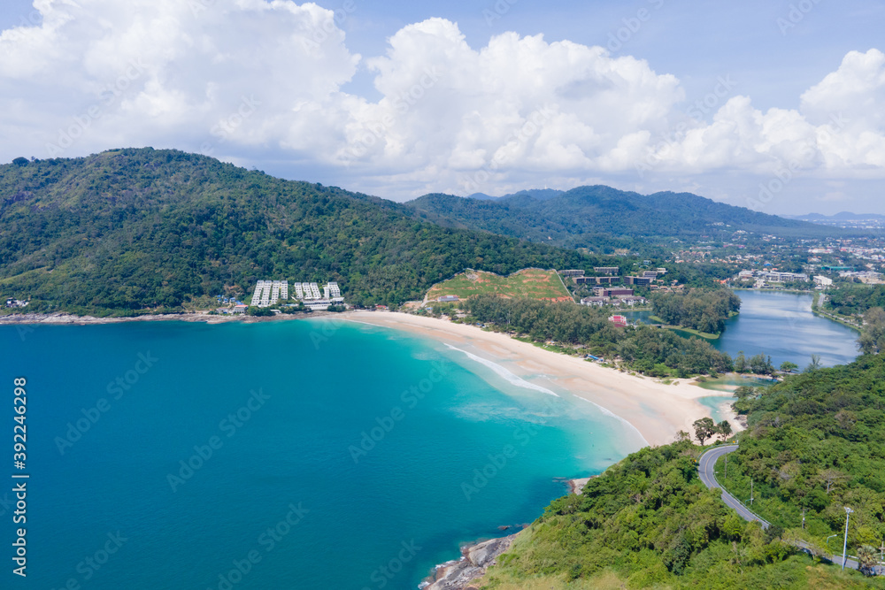 Phuket beach sea sand and sky. Aerial view of Landscape view of beach sea in summer day. Beach space area. At Karon Beach, Phuket, Thailand. On 15 November 2020. Nature and travel concept.