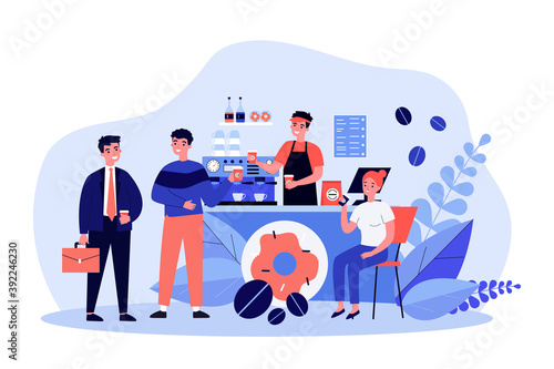 Barista making and giving takeaway coffee to customers. Counter, coffee making machine, beans flat vector illustration. Morning, coffee shop concept for banner, website design or landing web page