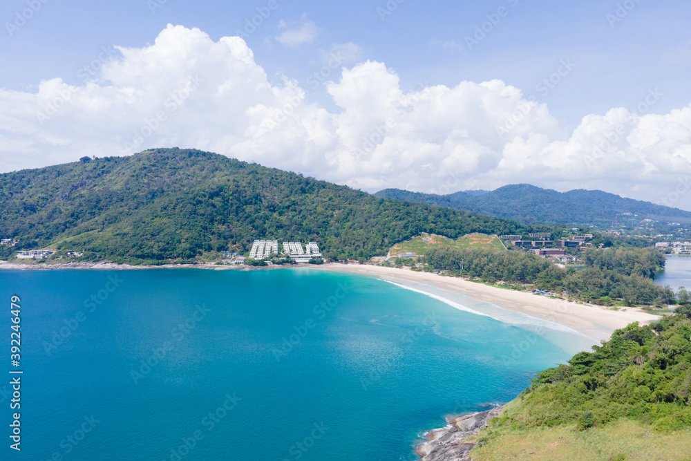 Phuket beach sea sand and sky. Aerial view of Landscape view of beach sea in summer day. Beach space area. At Karon Beach, Phuket, Thailand. On 15 November 2020. Nature and travel concept.