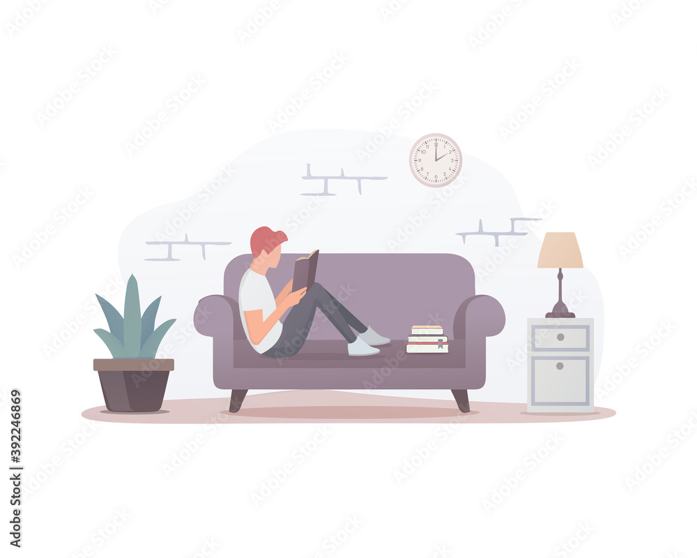 Reading books. Colored Flat vector illustration. A person reads a book while lying on the sofa. Isolated on white background. 