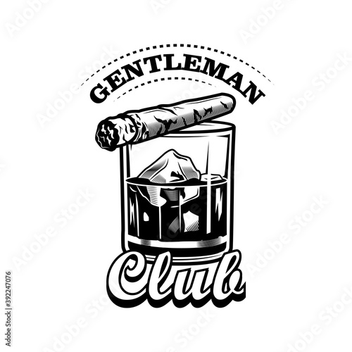Gentlemens accessories vector illustration. Glass of whiskey with ice cube, cigar, text. Bar or pub concept for labels or badges templates