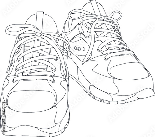 Sneakers shoes. Hand drawn black and white vector shoes. Black outline vector shoes on white background.