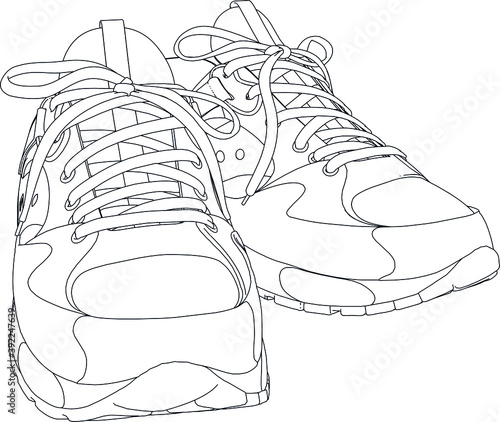 Sneakers shoes. Hand drawn black and white vector shoes. Black outline vector shoes on white background.
