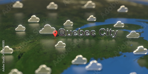 Cloudy weather icons near Quebec city on the map, weather forecast related 3D rendering