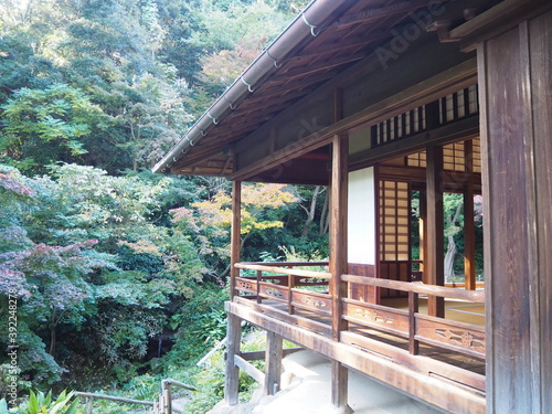 日本庭園の休憩所と緑の木々