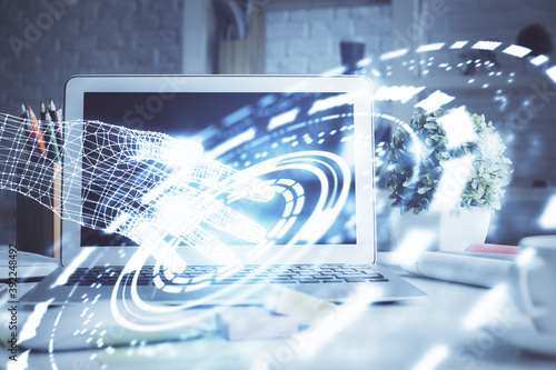 Wallpaper Mural Double exposure of desktop with personal computer on background and tech theme drawing. Concept of Bigdata. Torontodigital.ca