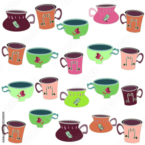 Seamless vector repeating teacup pattern in various rustic shades isolated on white in a random arrangement. Cups in terracotta, orange, pink and duck egg, a random and quirky surface design.
